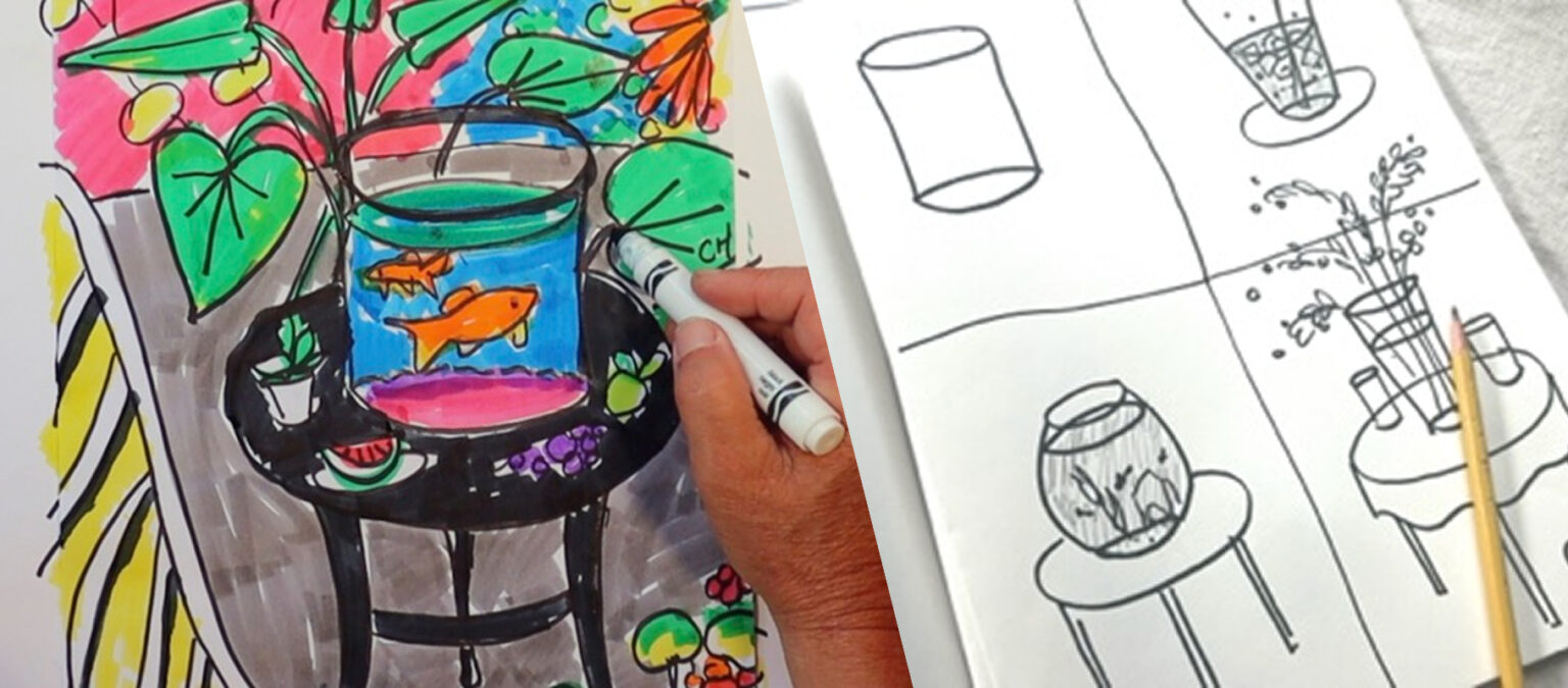 An artist draws colorful fish tanks with markers beside a sketchbook.