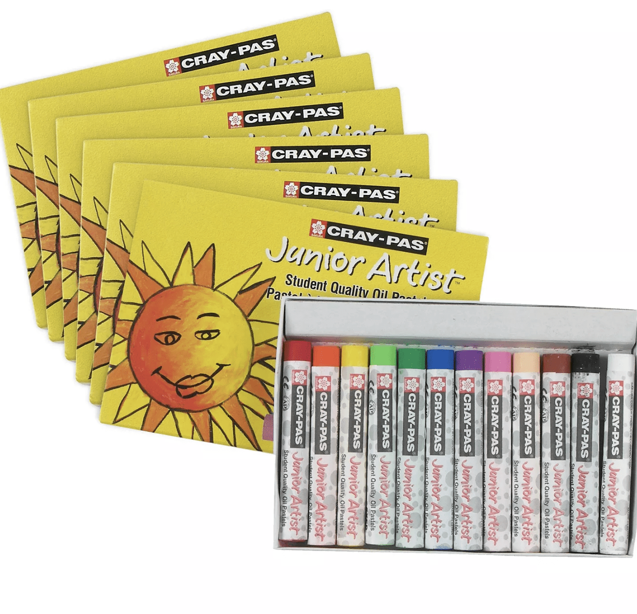 Set of colorful Junior Artist drawing pads with a box of crayons.