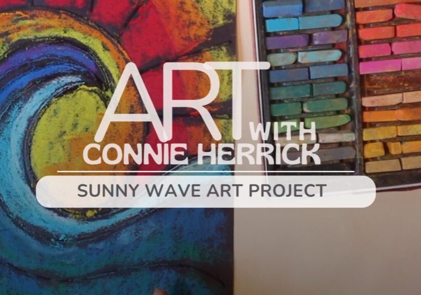 Colorful pastel chalks and an abstract art piece with text overlay.